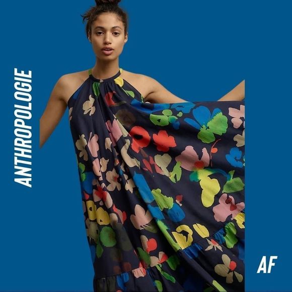 ANTHROPOLOGIE BY WHIT TWO FLORAL HALTER MIDI DRESS NEW NWT XS - Picture 5 of 14